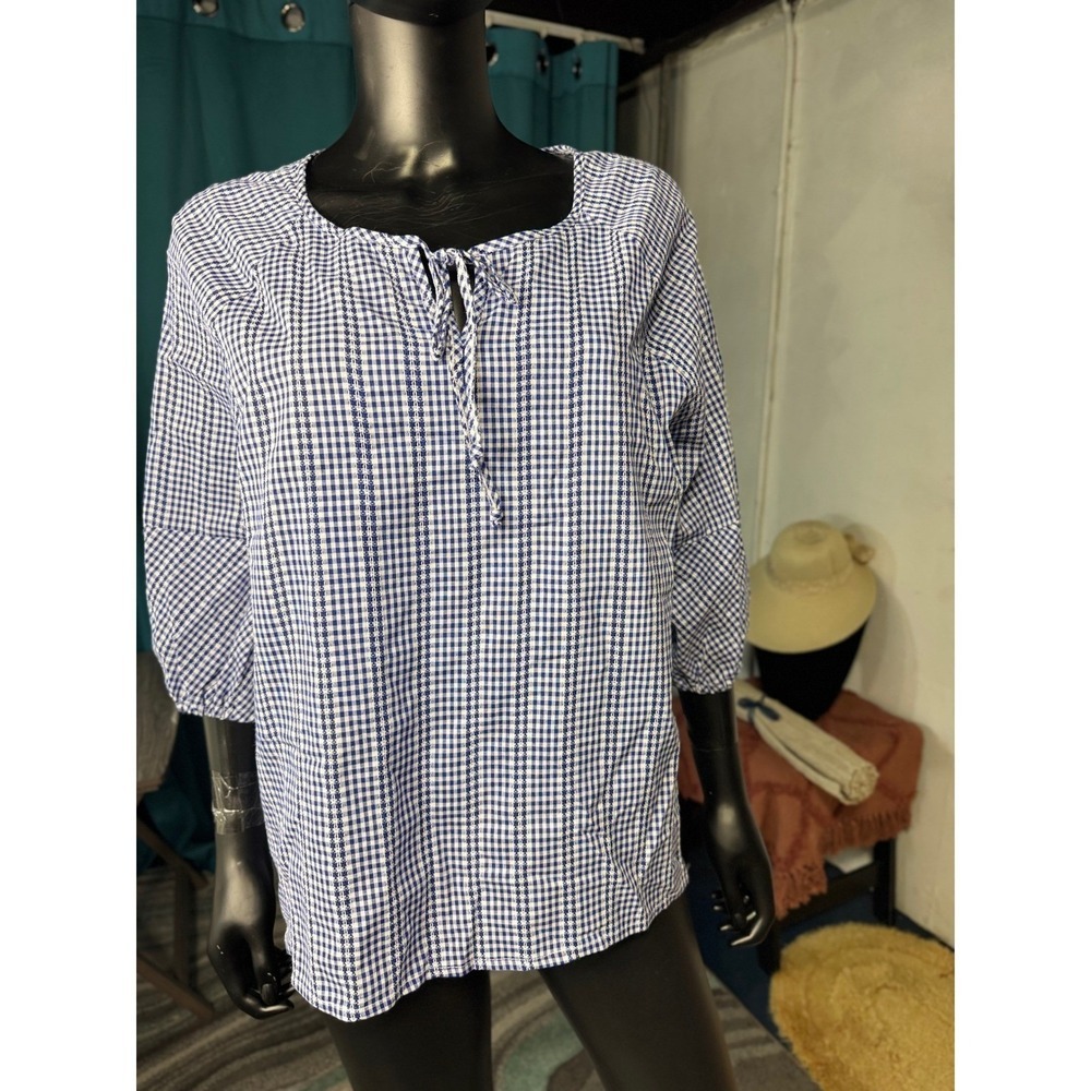 Leo & Nicole Blue Gingham Cotton Blouse 3/4 Puff Sleeve Tie Neck Top‎ Xl  NEW